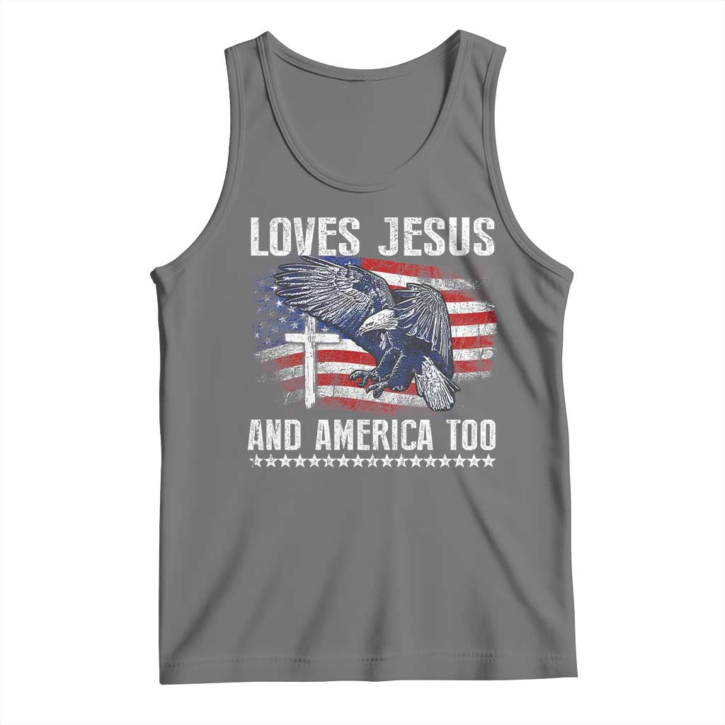 Funny Loves Jesus And America Too Tank Top 4th Of July Patriotic Christian Eagle American Flag TS11 Black Heather Print Your Wear