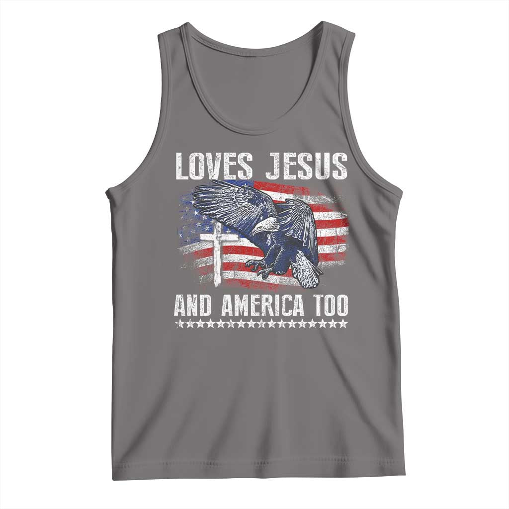 Funny Loves Jesus And America Too Tank Top 4th Of July Patriotic Christian Eagle American Flag TS11 Deep Heather Print Your Wear