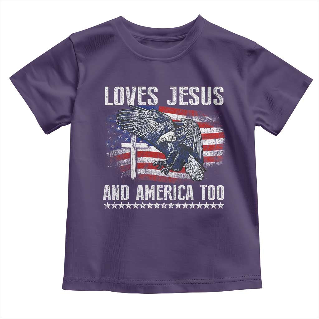 Funny Loves Jesus And America Too Toddler T Shirt 4th Of July Patriotic Christian Eagle American Flag TS11 Purple Print Your Wear