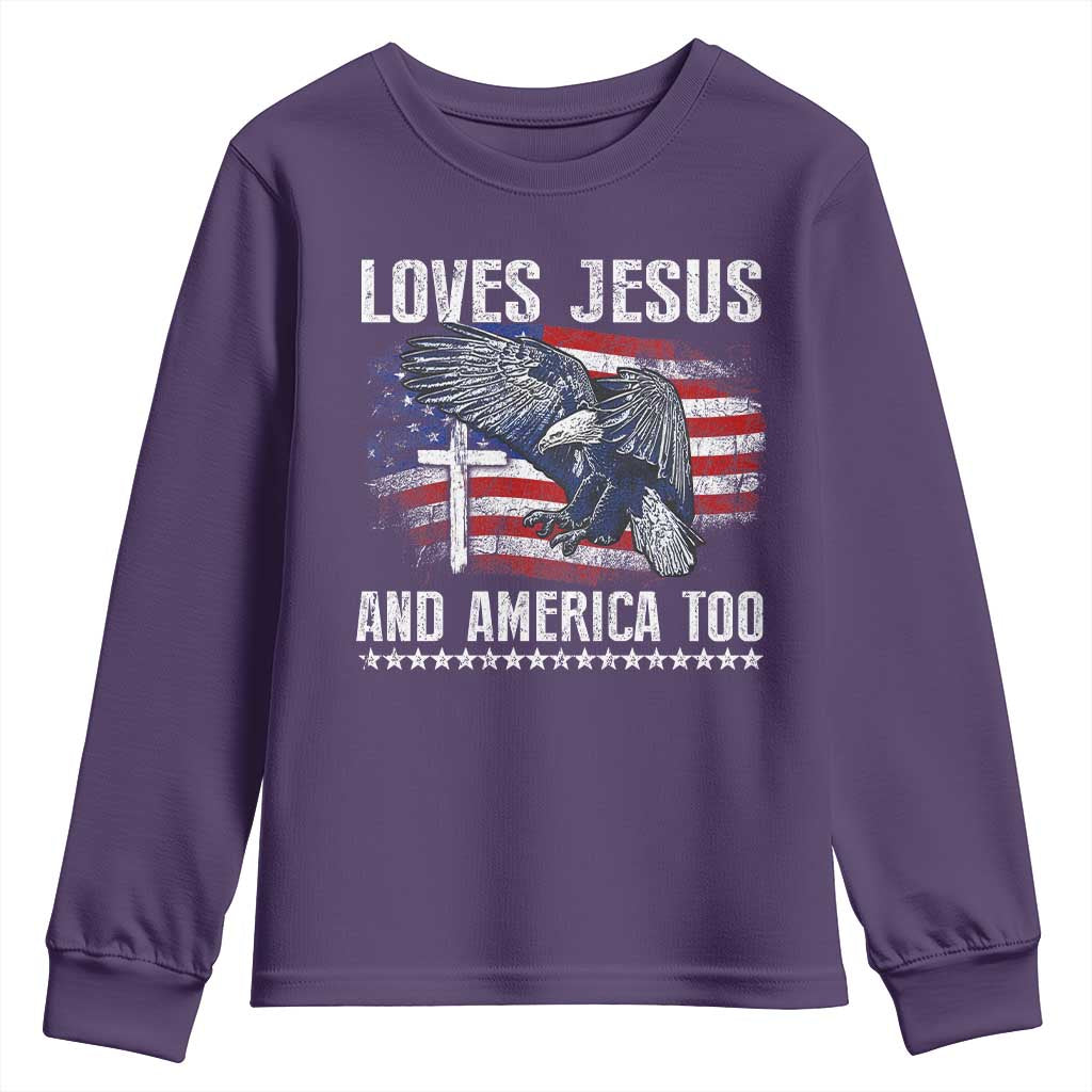 Funny Loves Jesus And America Too Youth Sweatshirt 4th Of July Patriotic Christian Eagle American Flag TS11 Purple Print Your Wear