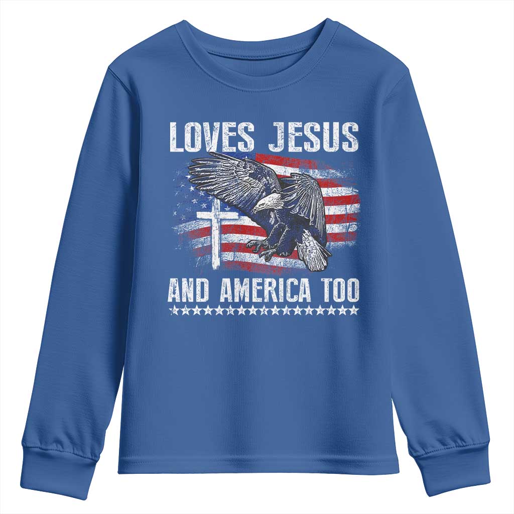 Funny Loves Jesus And America Too Youth Sweatshirt 4th Of July Patriotic Christian Eagle American Flag TS11 Royal Blue Print Your Wear