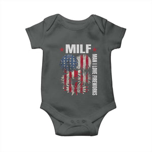 Funny MILF Man I Love Fireworks Baby Onesie American Patriotic July 4th US Flag TS11 Dark Heather Print Your Wear
