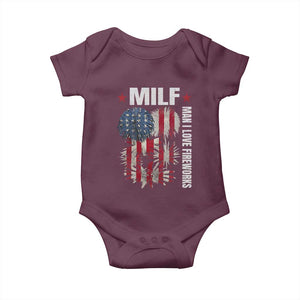 Funny MILF Man I Love Fireworks Baby Onesie American Patriotic July 4th US Flag TS11 Maroon Print Your Wear