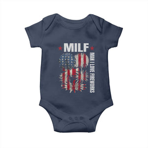 Funny MILF Man I Love Fireworks Baby Onesie American Patriotic July 4th US Flag TS11 Navy Print Your Wear