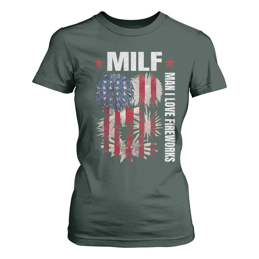 Funny MILF Man I Love Fireworks T Shirt For Women American Patriotic July 4th US Flag TS11 Dark Forest Green Print Your Wear