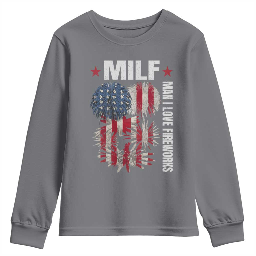 Funny MILF Man I Love Fireworks Youth Sweatshirt American Patriotic July 4th US Flag TS11 Charcoal Print Your Wear