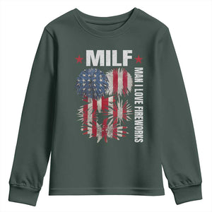 Funny MILF Man I Love Fireworks Youth Sweatshirt American Patriotic July 4th US Flag TS11 Dark Forest Green Print Your Wear