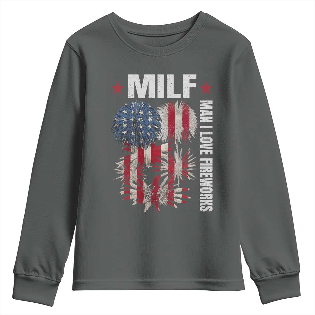 Funny MILF Man I Love Fireworks Youth Sweatshirt American Patriotic July 4th US Flag TS11 Dark Heather Print Your Wear