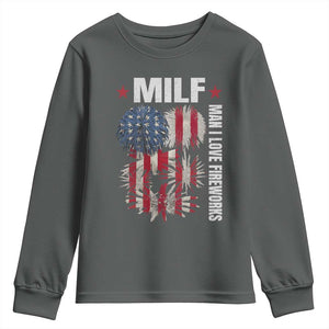 Funny MILF Man I Love Fireworks Youth Sweatshirt American Patriotic July 4th US Flag TS11 Dark Heather Print Your Wear