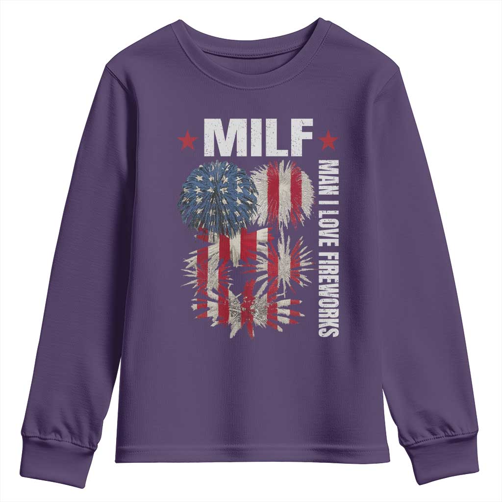 Funny MILF Man I Love Fireworks Youth Sweatshirt American Patriotic July 4th US Flag TS11 Purple Print Your Wear