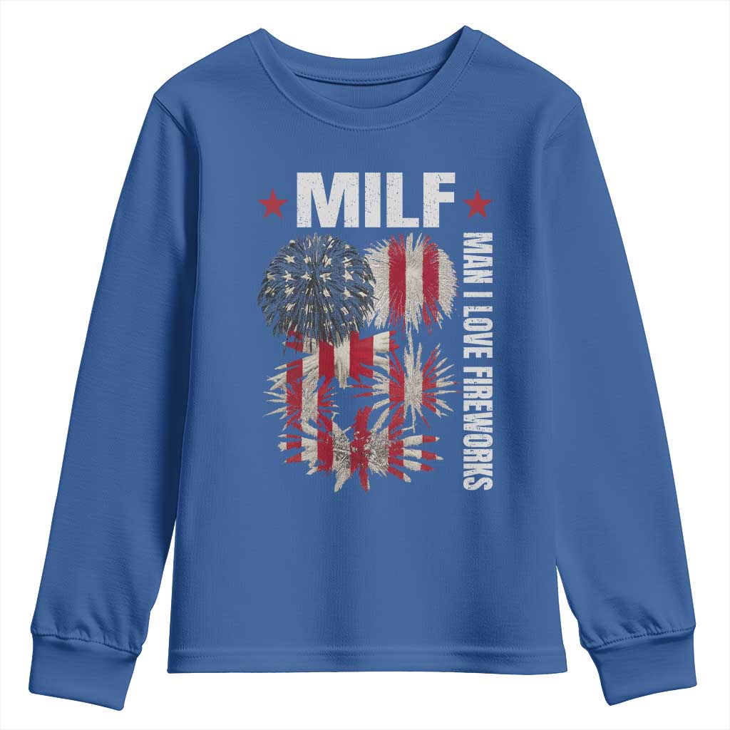 Funny MILF Man I Love Fireworks Youth Sweatshirt American Patriotic July 4th US Flag TS11 Royal Blue Print Your Wear