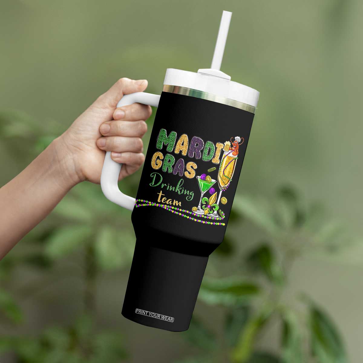 Funny Mardi Gras Drinking Team Tumbler With Handle Cocktails Wine Crawfish Beads Glitter Print TS11 Print Your Wear