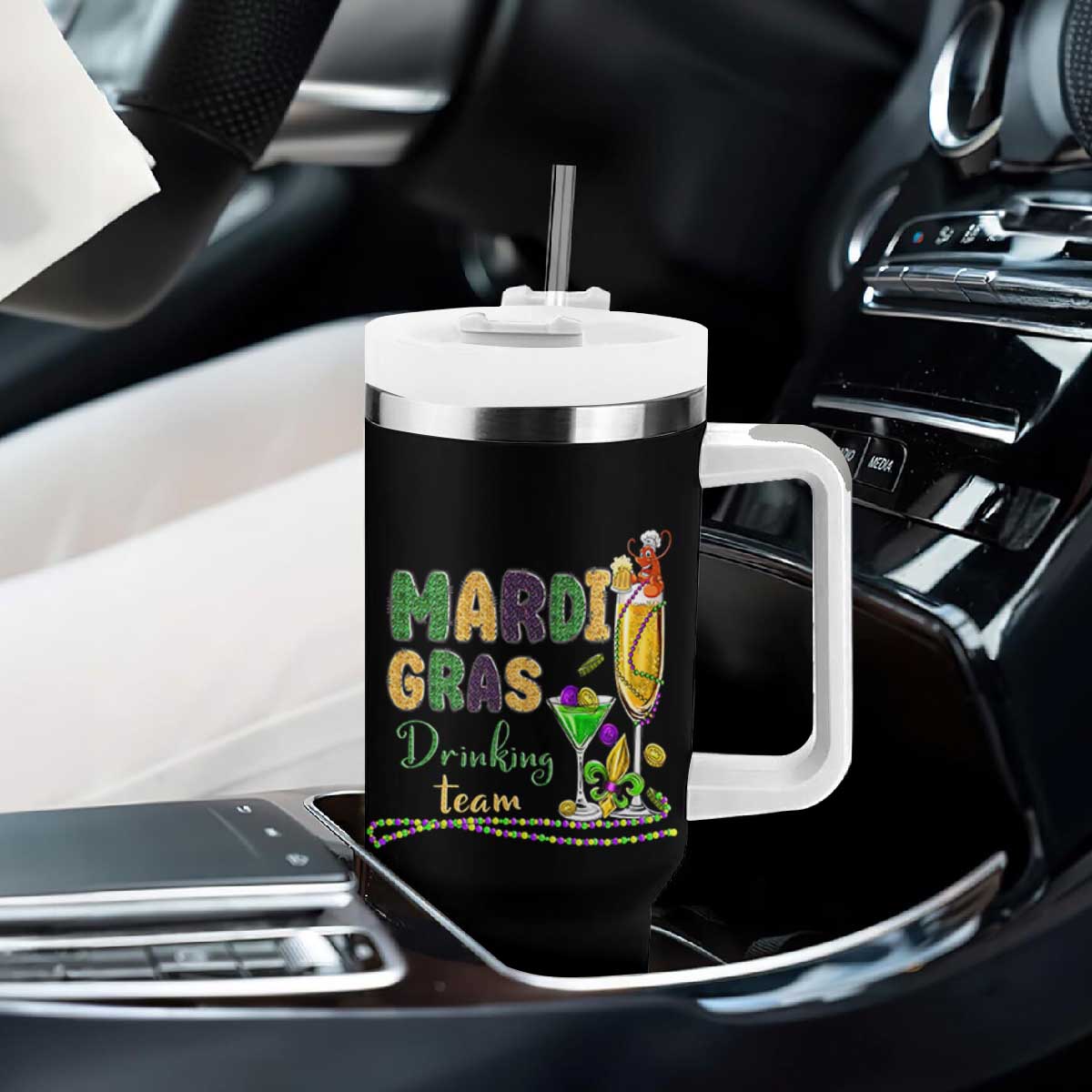 Funny Mardi Gras Drinking Team Tumbler With Handle Cocktails Wine Crawfish Beads Glitter Print TS11 Print Your Wear