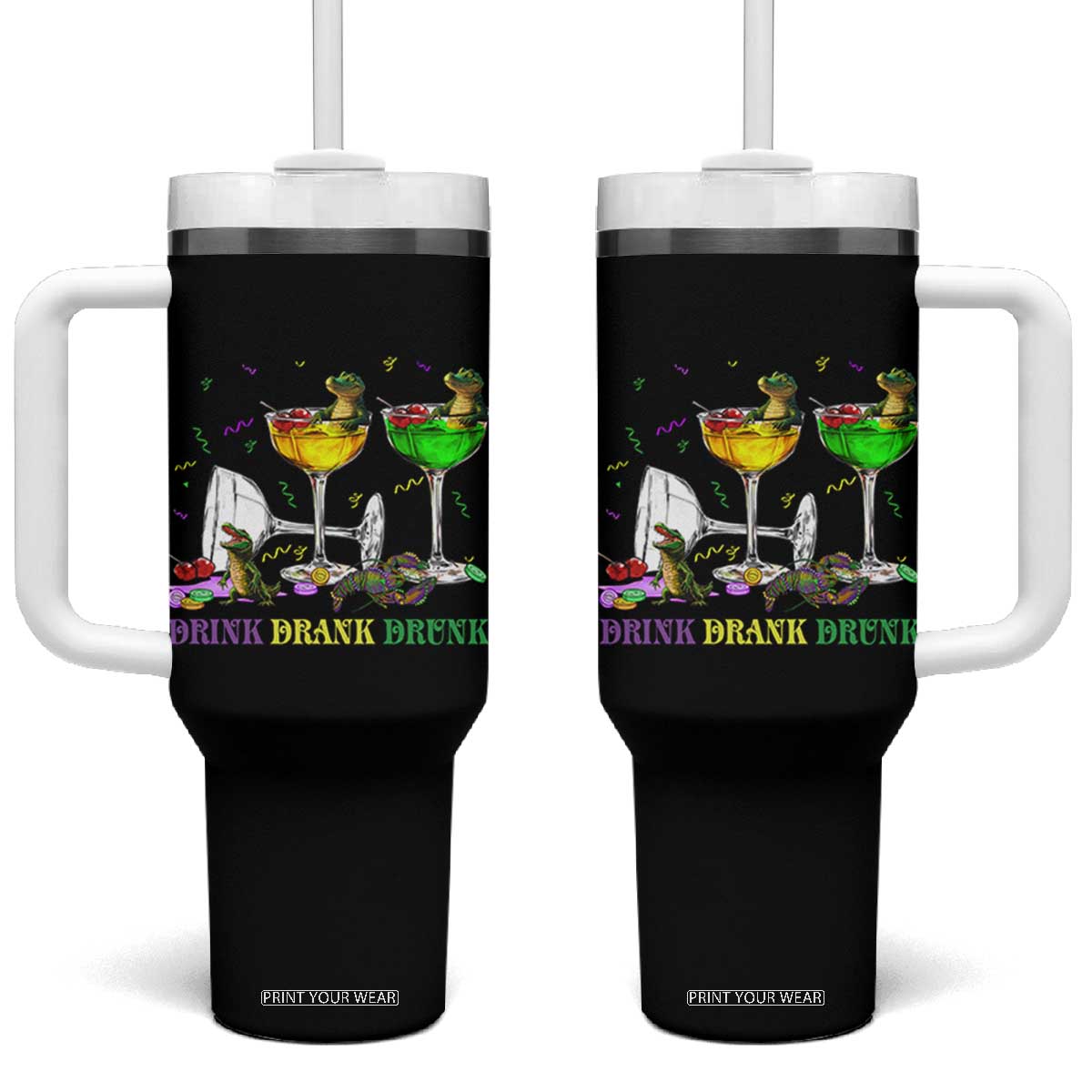 Funny Mardi Gras Drinking Tumbler With Handle Drink Drank Drunk Glass Of Wine Alligators TS11 One Size: 40 oz Black Print Your Wear