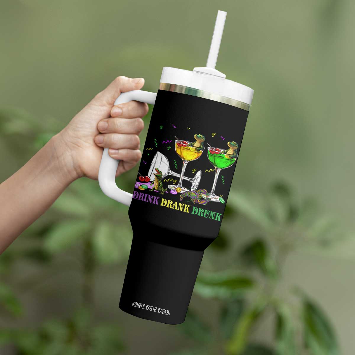 Funny Mardi Gras Drinking Tumbler With Handle Drink Drank Drunk Glass Of Wine Alligators TS11 Print Your Wear