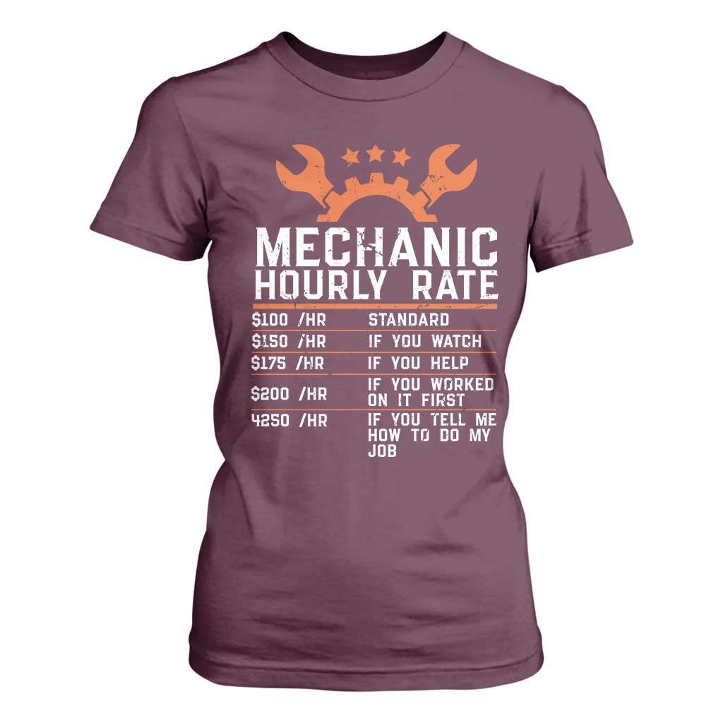 Funny Mechanic Hourly Rate Auto Car Mechanic Labor Rates T Shirt For Women TS11 Maroon Print Your Wear