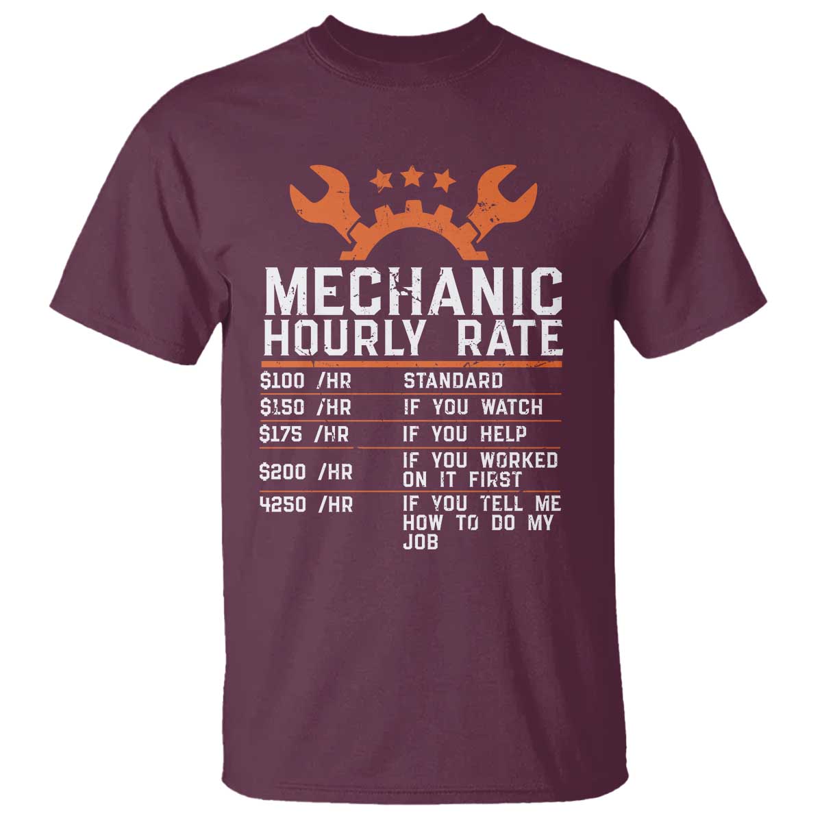 Funny Mechanic Hourly Rate Auto Car Mechanic Labor Rates T Shirt TS11 Maroon Print Your Wear