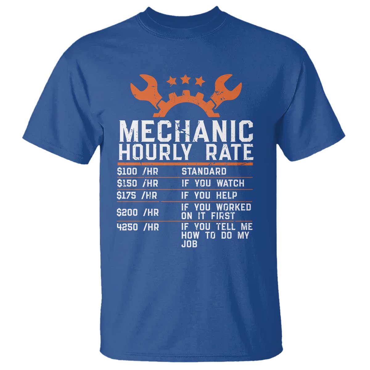 Funny Mechanic Hourly Rate Auto Car Mechanic Labor Rates T Shirt TS11 Royal Blue Print Your Wear