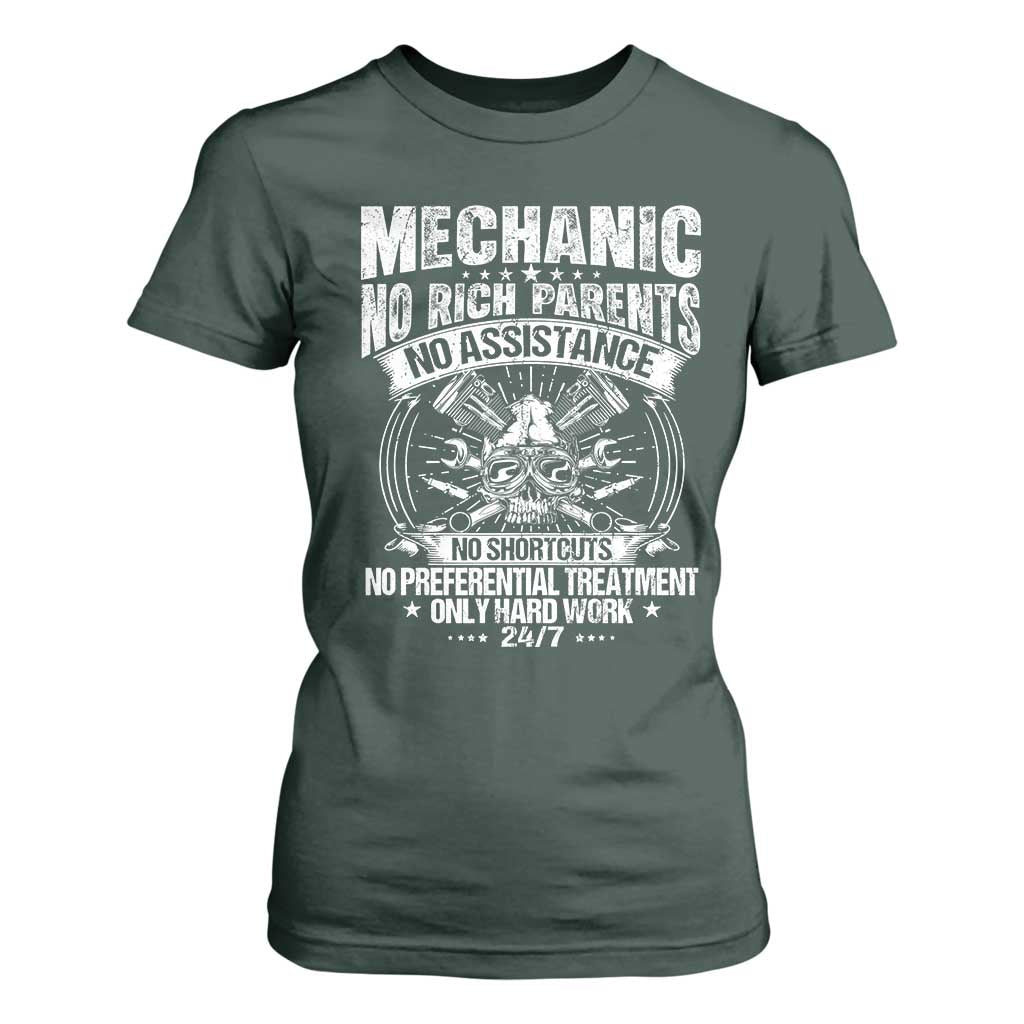 Funny Mechanic No Rich Parents No Assistance No Handouts T Shirt For Women Car Mechanic Garage TS11 Dark Forest Green Print Your Wear