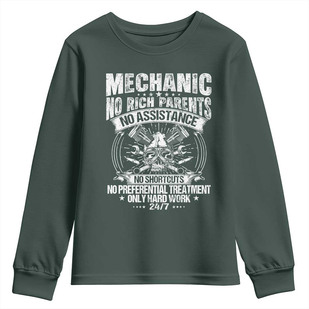 Funny Mechanic No Rich Parents No Assistance No Handouts Youth Sweatshirt Car Mechanic Garage TS11 Dark Forest Green Print Your Wear