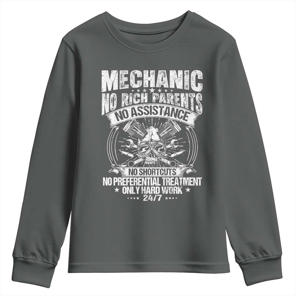 Funny Mechanic No Rich Parents No Assistance No Handouts Youth Sweatshirt Car Mechanic Garage TS11 Dark Heather Print Your Wear