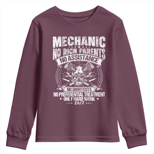 Funny Mechanic No Rich Parents No Assistance No Handouts Youth Sweatshirt Car Mechanic Garage TS11 Maroon Print Your Wear