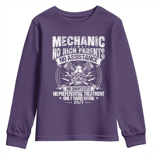 Funny Mechanic No Rich Parents No Assistance No Handouts Youth Sweatshirt Car Mechanic Garage TS11 Purple Print Your Wear