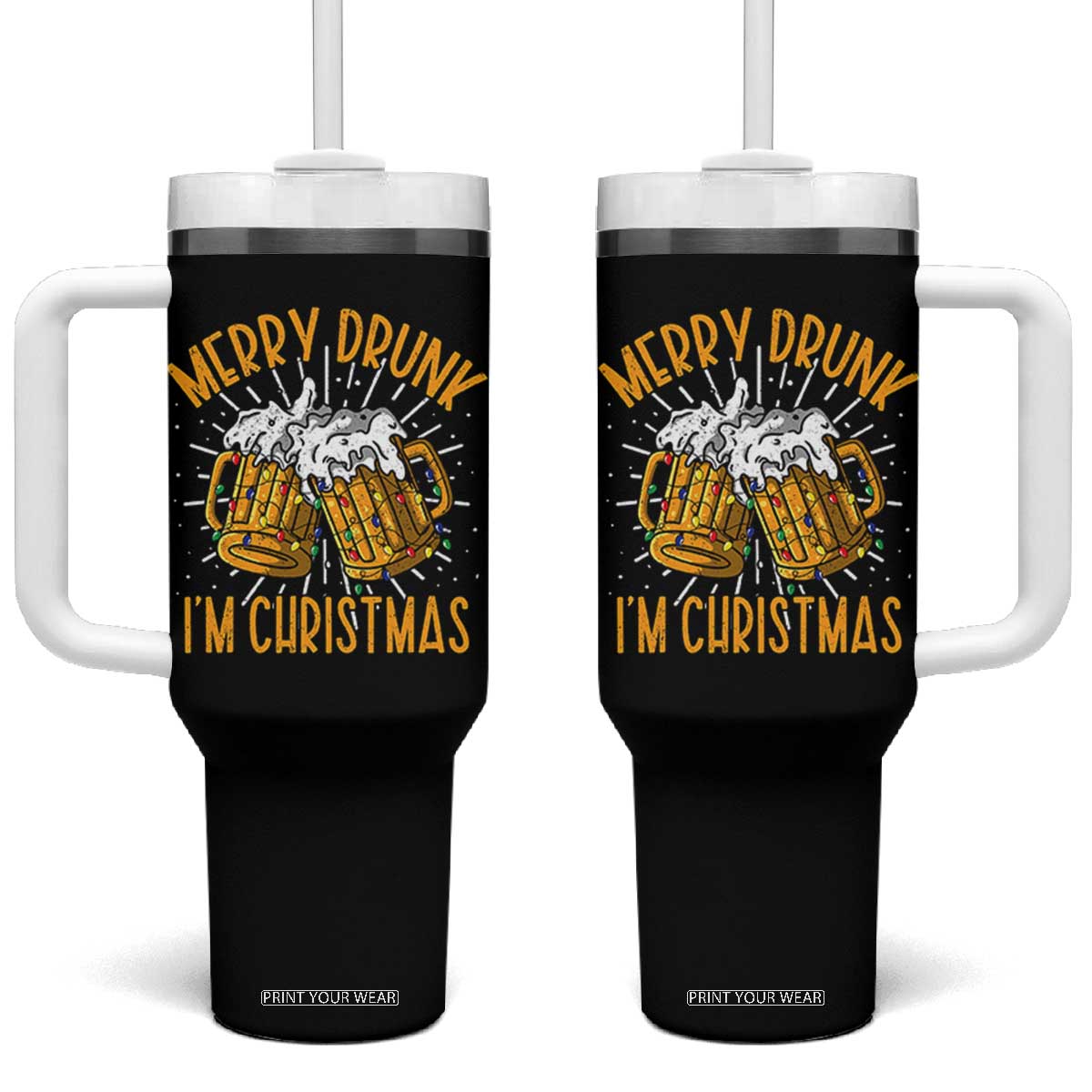 Funny Merry Drunk I'm Christmas Tumbler With Handle Vintage Beer Mugs Xmas TS11 One Size: 40 oz Black Print Your Wear