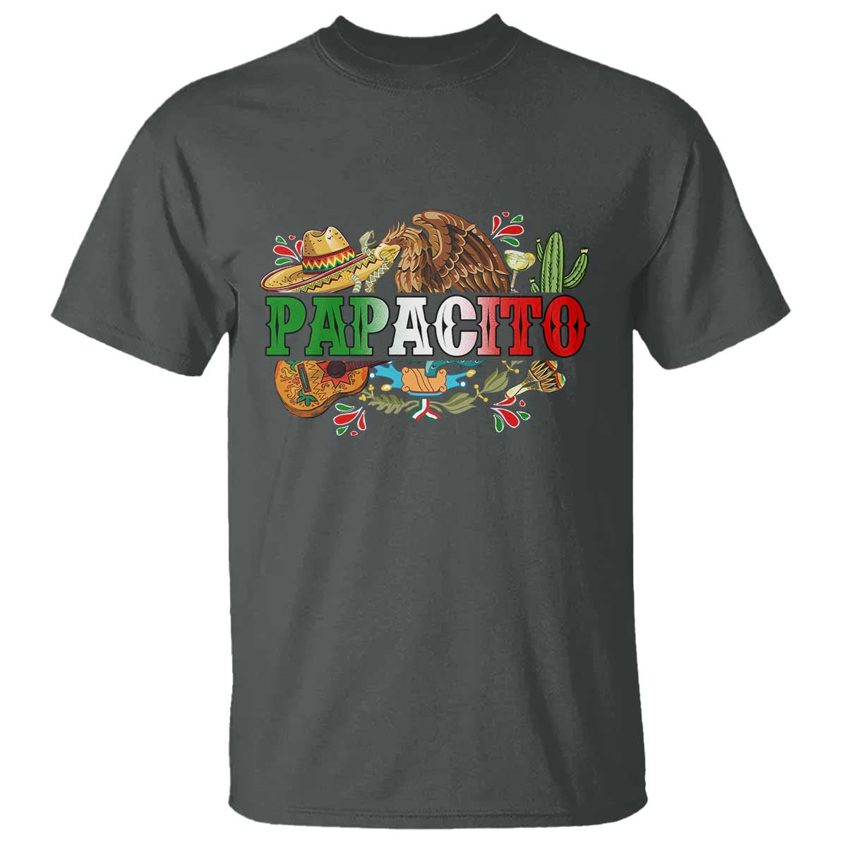 Funny Mexican Dad Papacito T Shirt Cinco De Mayo Golden Eagle Sombrero TS11 Dark Heather Print Your Wear