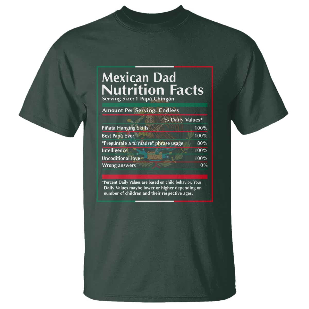 Funny Mexican Dad T Shirt Dad Nutrition Facts Mexico Flag Father's Day TS11 Dark Forest Green Print Your Wear
