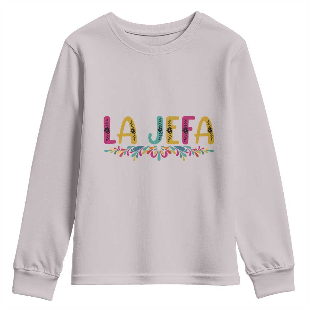 Funny Mexican Spanish La Jefa Boss Youth Sweatshirt Mexican Flowers TS11 Ice Gray Print Your Wear