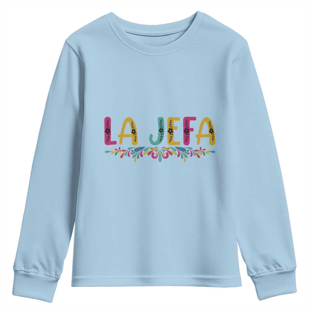Funny Mexican Spanish La Jefa Boss Youth Sweatshirt Mexican Flowers TS11 Light Blue Print Your Wear