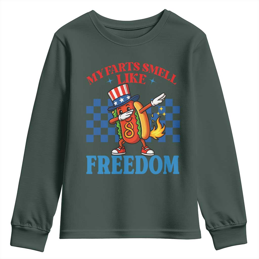 Funny My Farts Smell Like Freedom Youth Sweatshirt July 4th Hot Dog Lover TS11 Dark Forest Green Print Your Wear