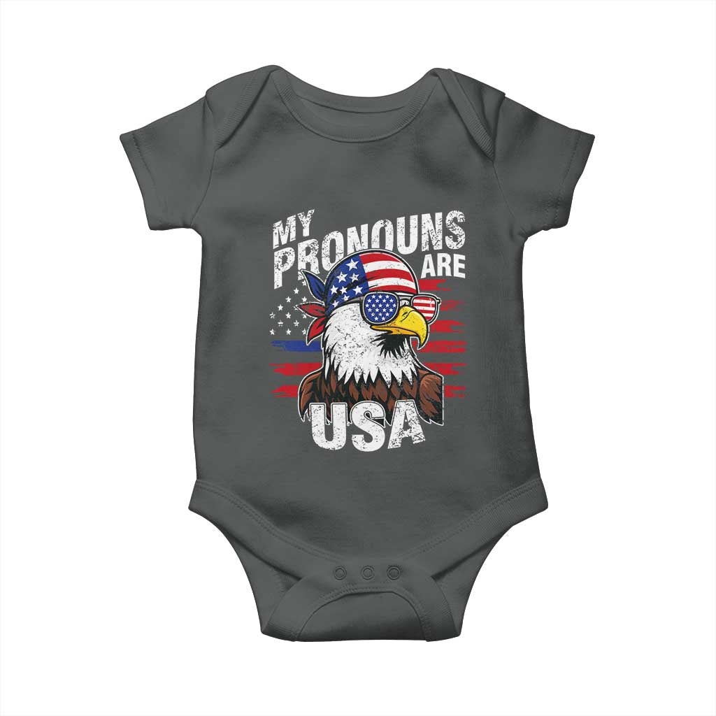 Funny My Pronouns Are USA 4th of July Baby Onesie Patriotic Eagle American Flag TS11 Dark Heather Print Your Wear