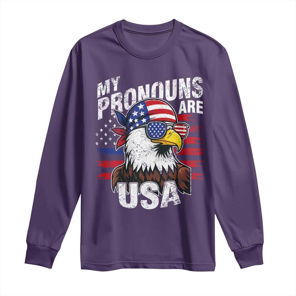 Funny My Pronouns Are USA 4th of July Long Sleeve Shirt Patriotic Eagle American Flag TS11 Purple Print Your Wear