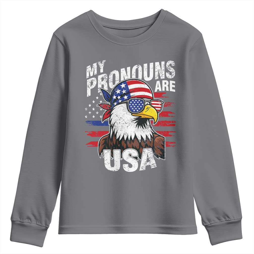 Funny My Pronouns Are USA 4th of July Youth Sweatshirt Patriotic Eagle American Flag TS11 Charcoal Print Your Wear