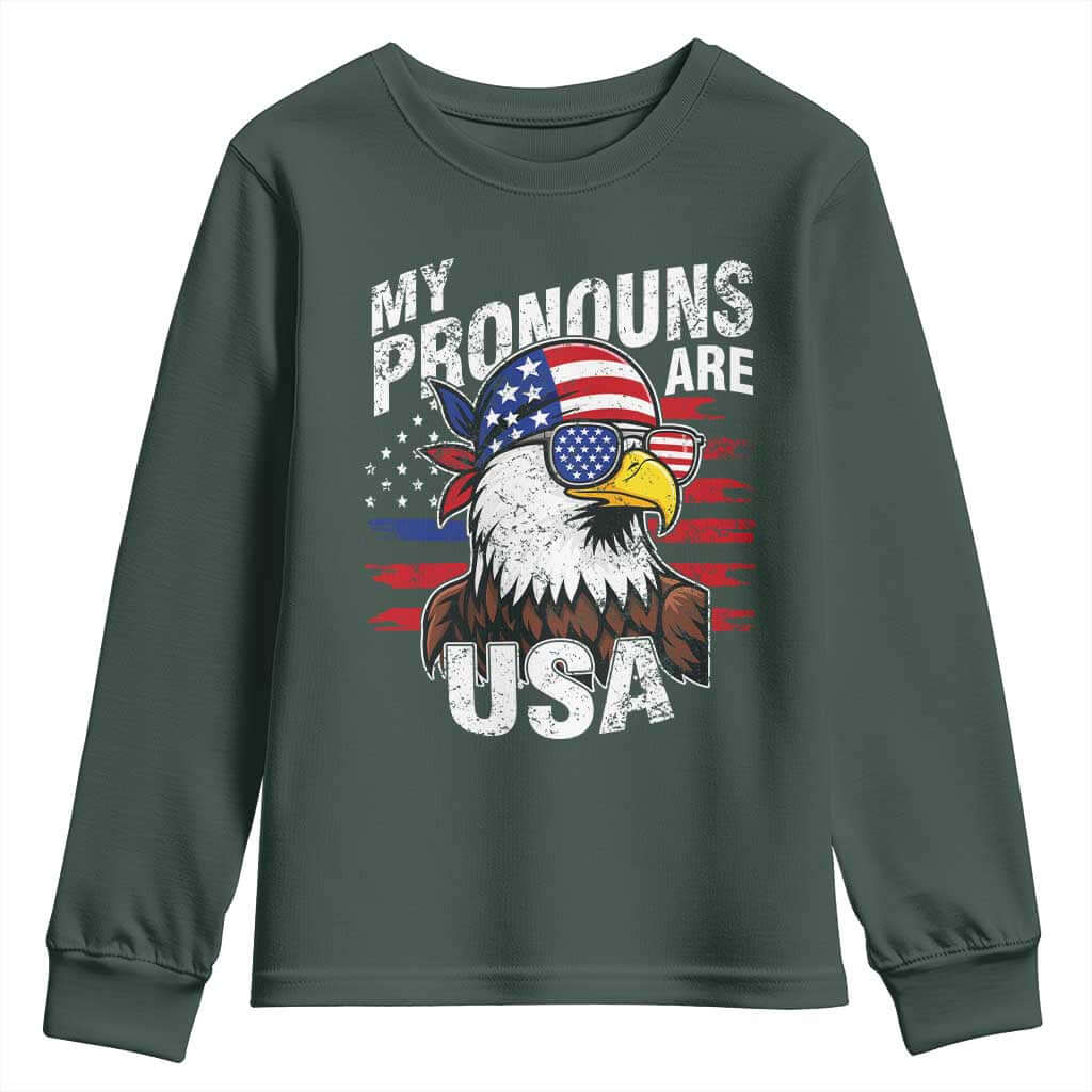 Funny My Pronouns Are USA 4th of July Youth Sweatshirt Patriotic Eagle American Flag TS11 Dark Forest Green Print Your Wear