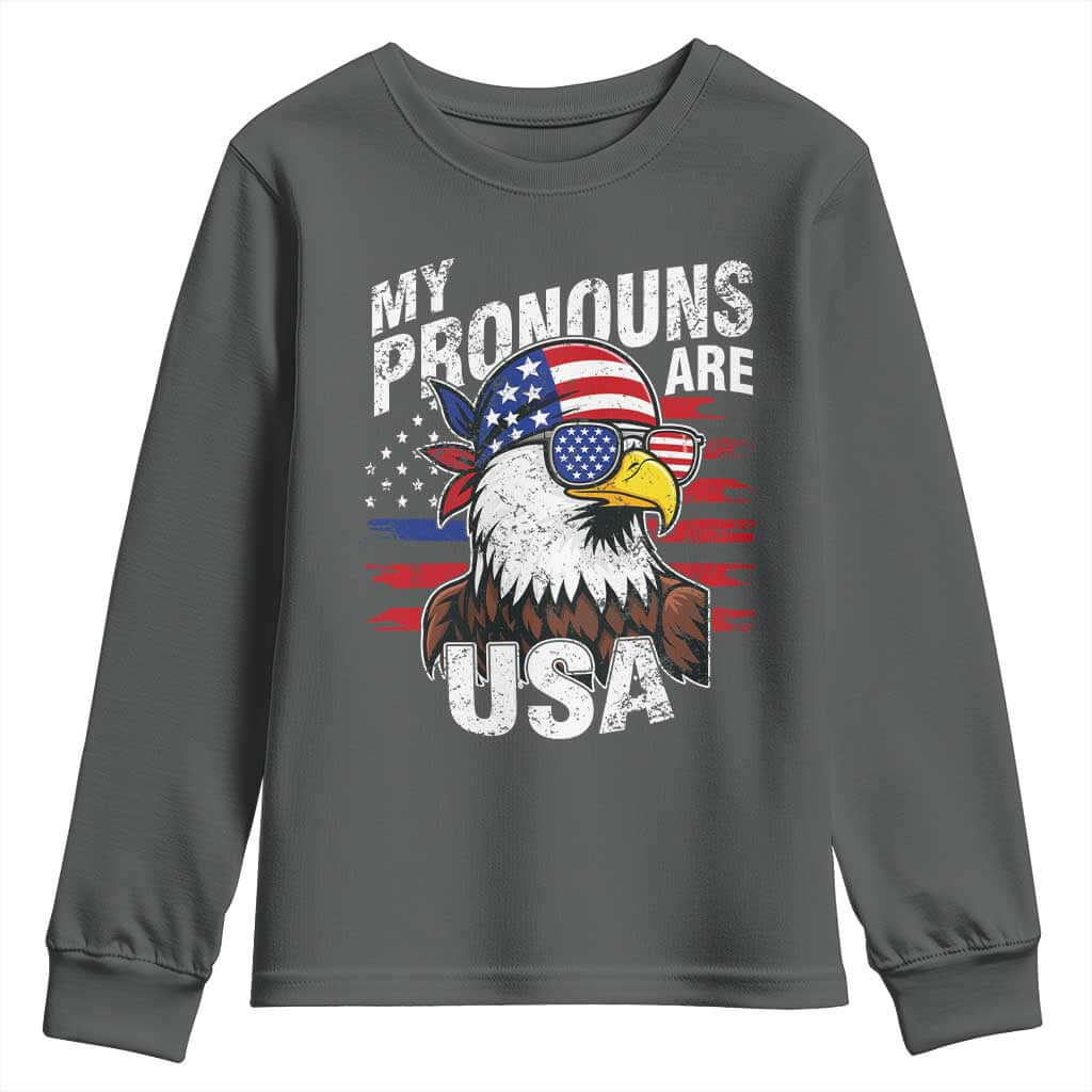 Funny My Pronouns Are USA 4th of July Youth Sweatshirt Patriotic Eagle American Flag TS11 Dark Heather Print Your Wear