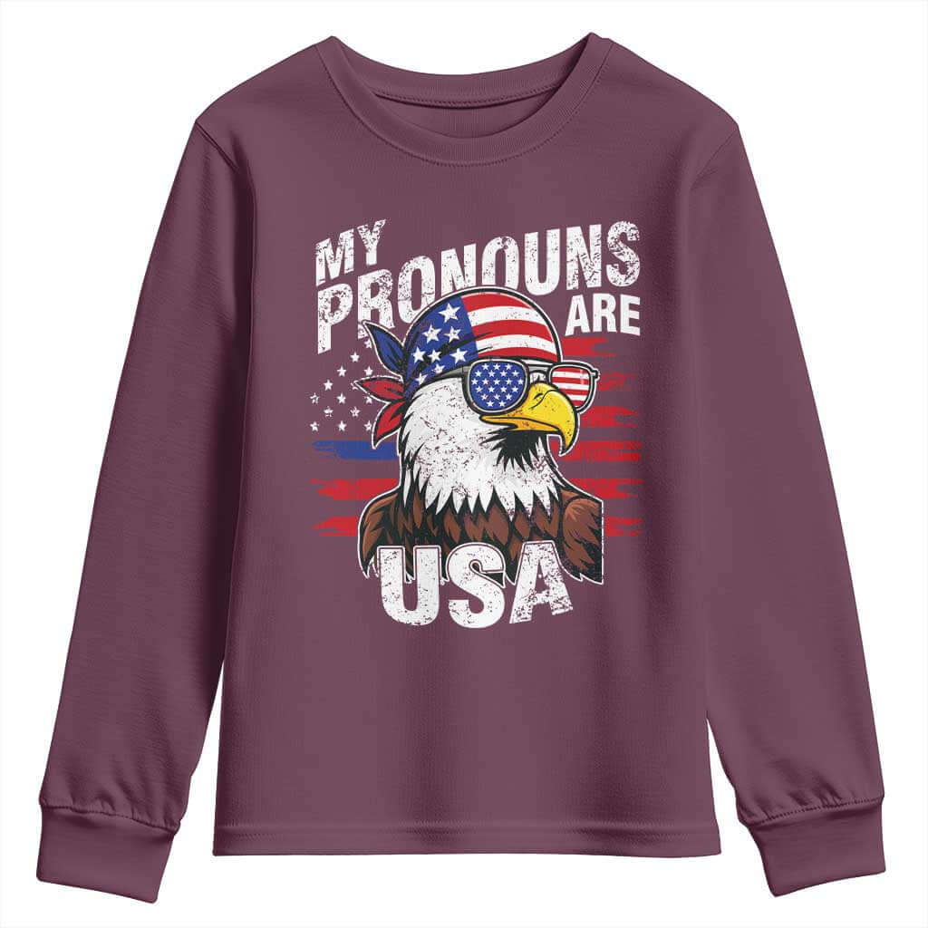 Funny My Pronouns Are USA 4th of July Youth Sweatshirt Patriotic Eagle American Flag TS11 Maroon Print Your Wear