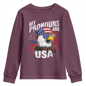 Funny My Pronouns Are USA 4th of July Youth Sweatshirt Patriotic Eagle American Flag TS11 Maroon Print Your Wear