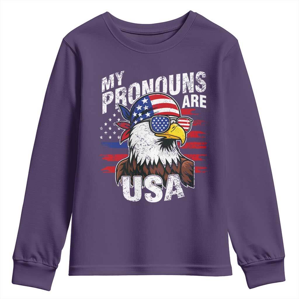 Funny My Pronouns Are USA 4th of July Youth Sweatshirt Patriotic Eagle American Flag TS11 Purple Print Your Wear