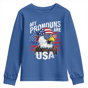 Funny My Pronouns Are USA 4th of July Youth Sweatshirt Patriotic Eagle American Flag TS11 Royal Blue Print Your Wear