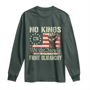 Funny No Kings Fight Oligarchy Long Sleeve Shirt Betsy Ross Flag Hand Fist TS11 Dark Forest Green Print Your Wear