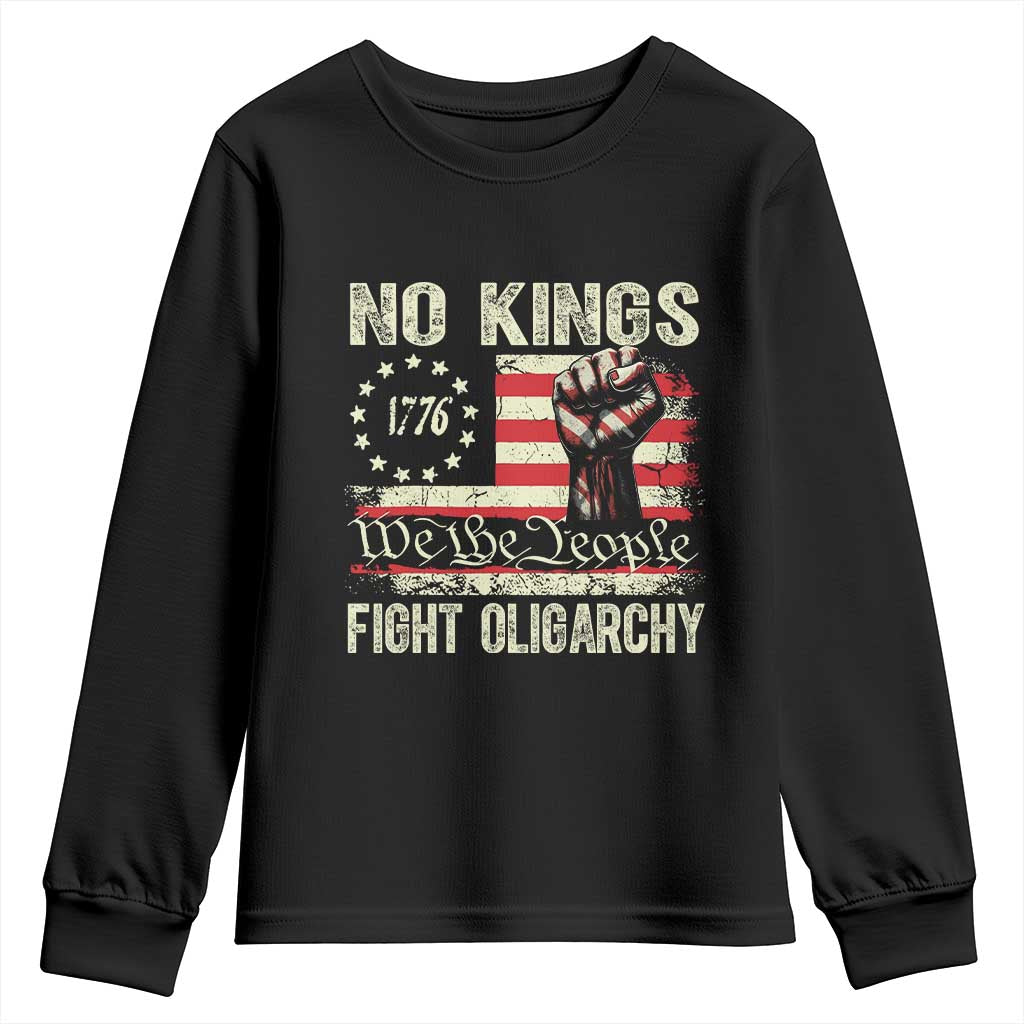Funny No Kings Fight Oligarchy Youth Sweatshirt Betsy Ross Flag Hand Fist TS11 Black Print Your Wear