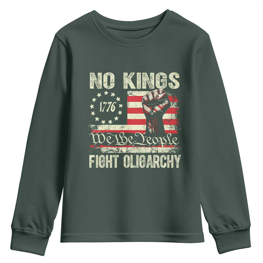 Funny No Kings Fight Oligarchy Youth Sweatshirt Betsy Ross Flag Hand Fist TS11 Dark Forest Green Print Your Wear