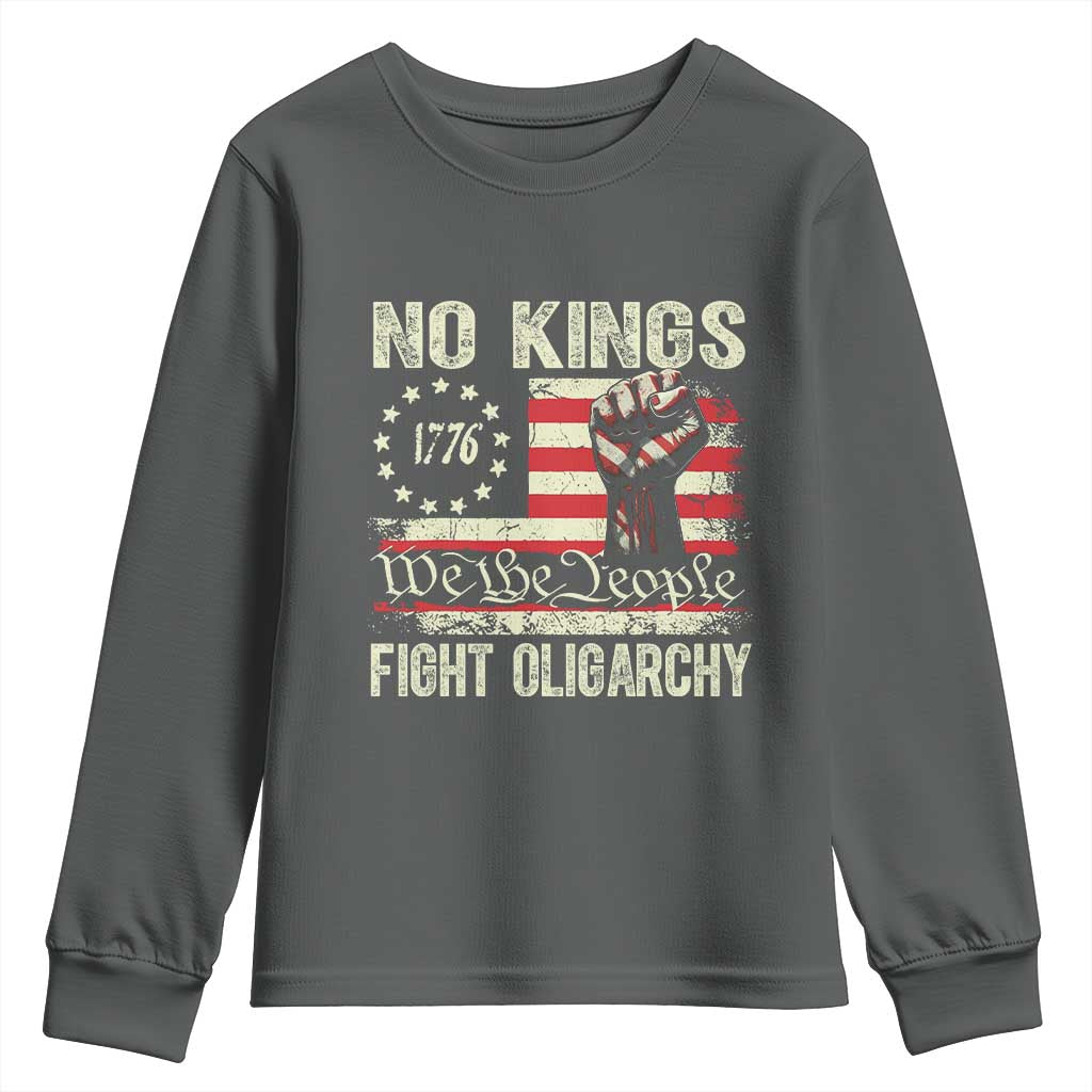 Funny No Kings Fight Oligarchy Youth Sweatshirt Betsy Ross Flag Hand Fist TS11 Dark Heather Print Your Wear