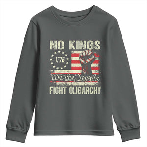 Funny No Kings Fight Oligarchy Youth Sweatshirt Betsy Ross Flag Hand Fist TS11 Dark Heather Print Your Wear