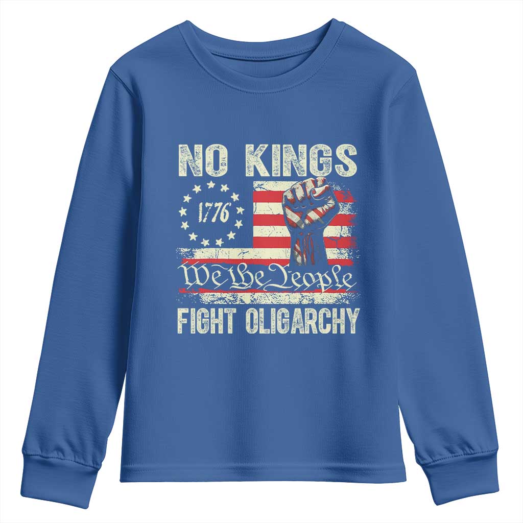 Funny No Kings Fight Oligarchy Youth Sweatshirt Betsy Ross Flag Hand Fist TS11 Royal Blue Print Your Wear