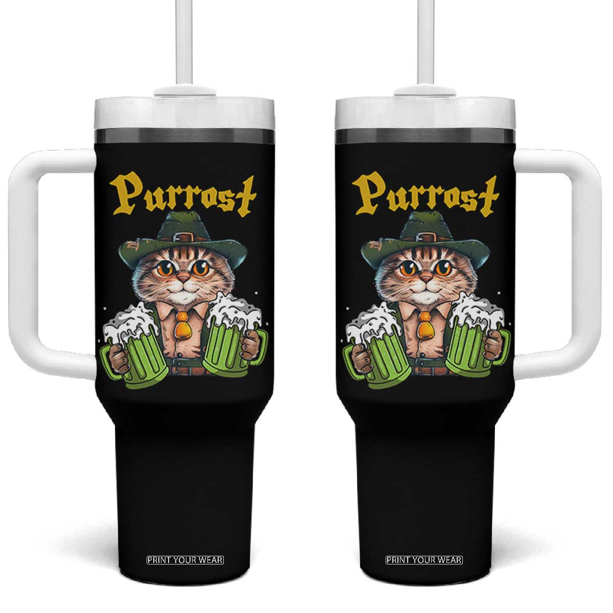 Funny Oktoberfest Cat Tumbler With Handle Purrost Kitty Drinking Beer Lederhosen Pet Lovers TS11 One Size: 40 oz Black Print Your Wear