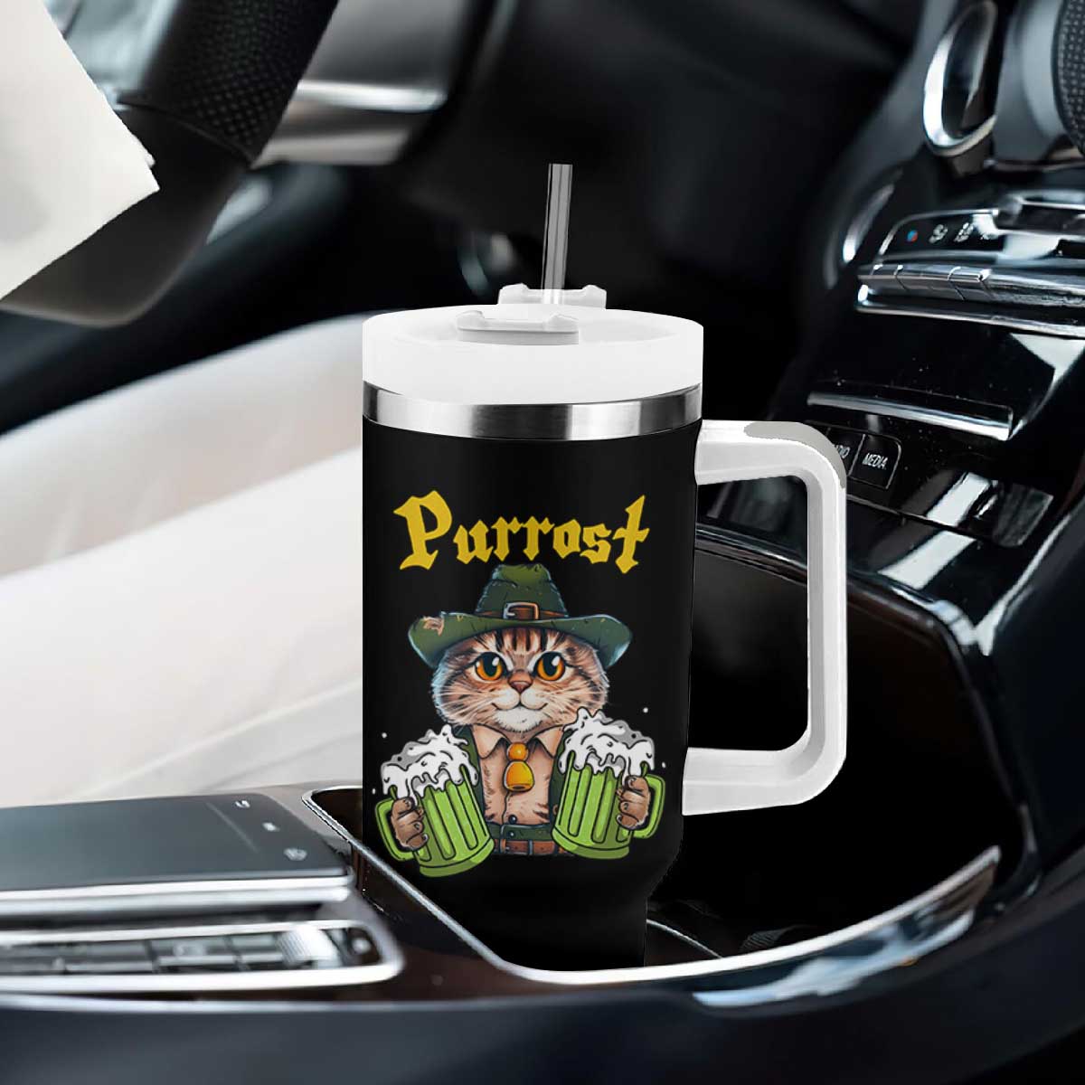 Funny Oktoberfest Cat Tumbler With Handle Purrost Kitty Drinking Beer Lederhosen Pet Lovers TS11 Print Your Wear